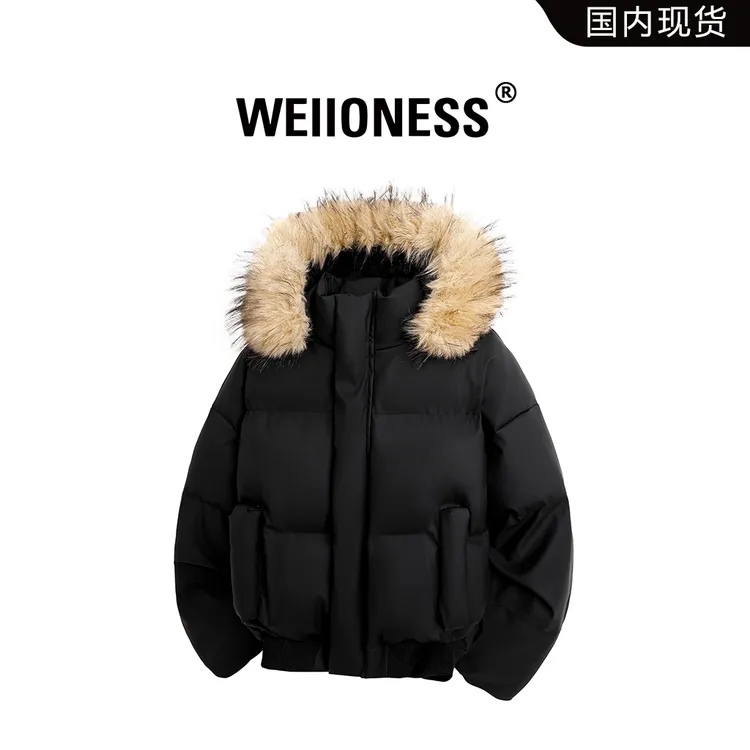 WEIIONESS连帽保暖棉衣男士秋冬潮流毛领休闲高级感外套轻奢男装