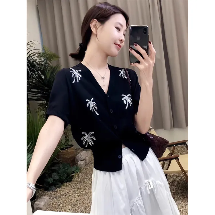高级感刺绣椰子树亮片春秋夏针织衫女薄款修身显瘦冰丝开衫上衣潮