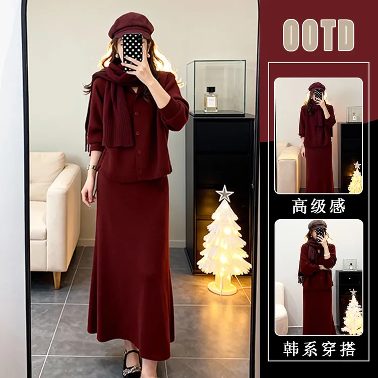 红色小香风套装裙2026春季显瘦气质减龄连帽针织衫上衣半身裙套装