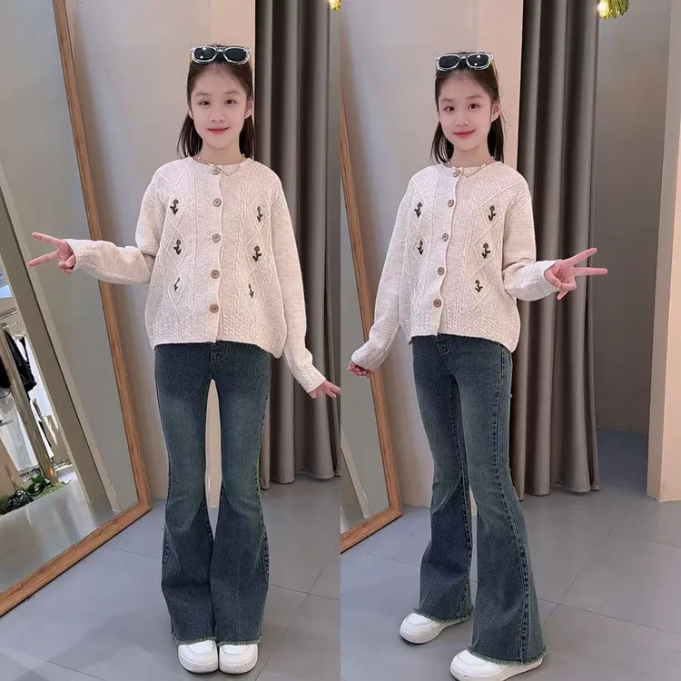 女童春秋款毛衣儿童套装针织开衫毛衣弹力喇叭裤两件套百搭洋气