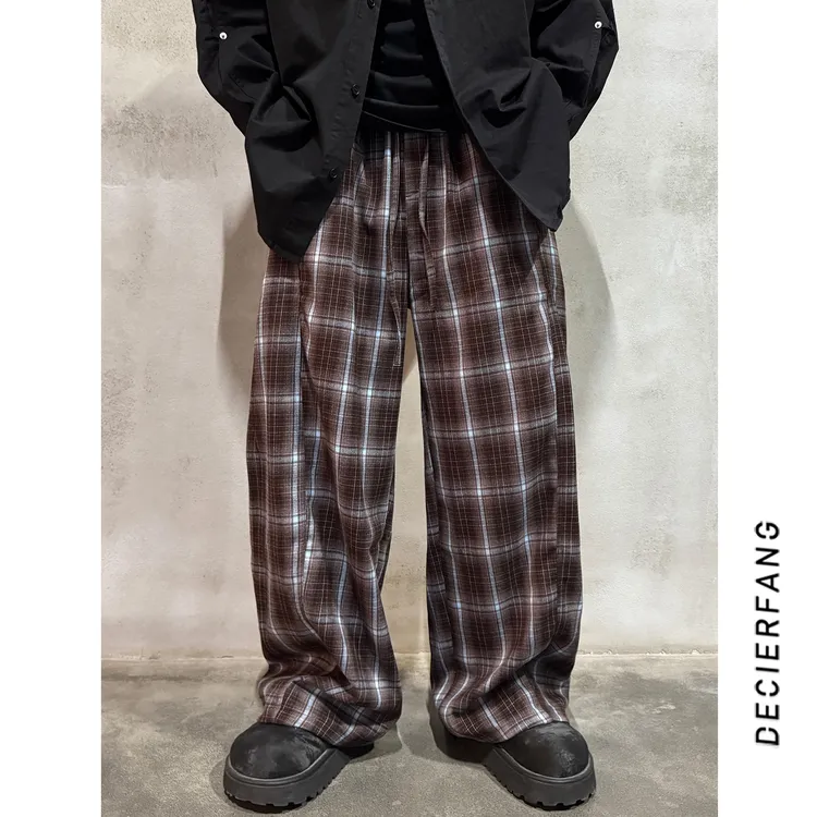 秋季老钱风 【高奢绒感格子面料】阔腿弯刀宽松舒适直筒休闲裤