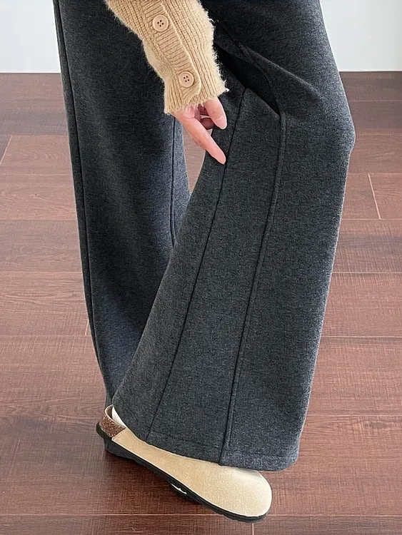 灰色毛呢微喇裤女秋冬加绒大码胖mm宽松显瘦不贴腿梨型身材喇叭裤