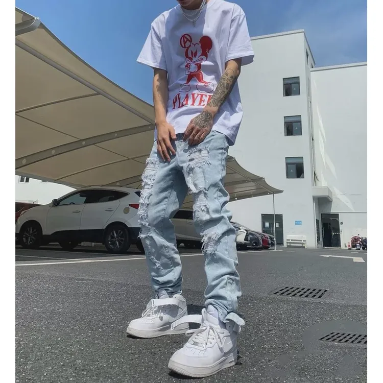 美式高街破洞牛仔裤男潮牌风嘻哈欧美风格小众长裤男潮