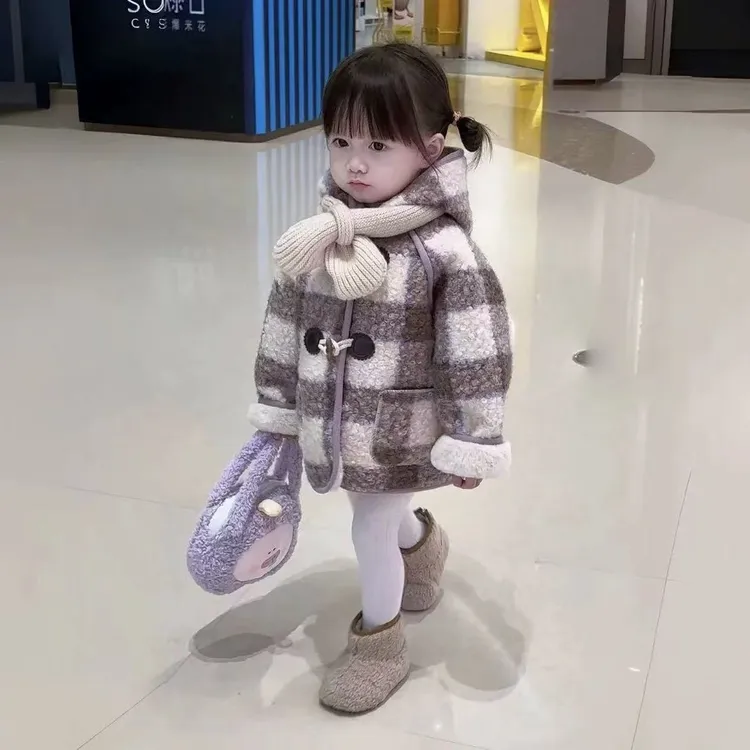 女童2025秋冬新款中小童宝宝洋气韩版毛呢大衣加厚格子呢子外套潮