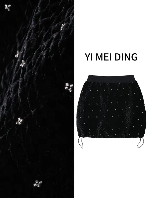 QZ48【依美丁】丝绒重工铆钉下抽绳设计花苞半裙裤