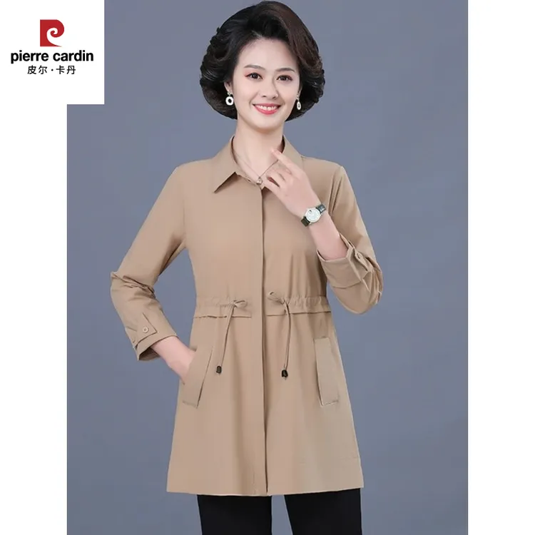 皮尔卡丹采购产品春夏妈妈休闲衬衫，女式时尚修身风衣，中长款开