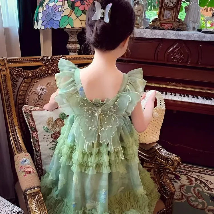 2025夏季女童连衣裙流行儿童网眼蝴蝶结吊带连衣裙女童网眼绒