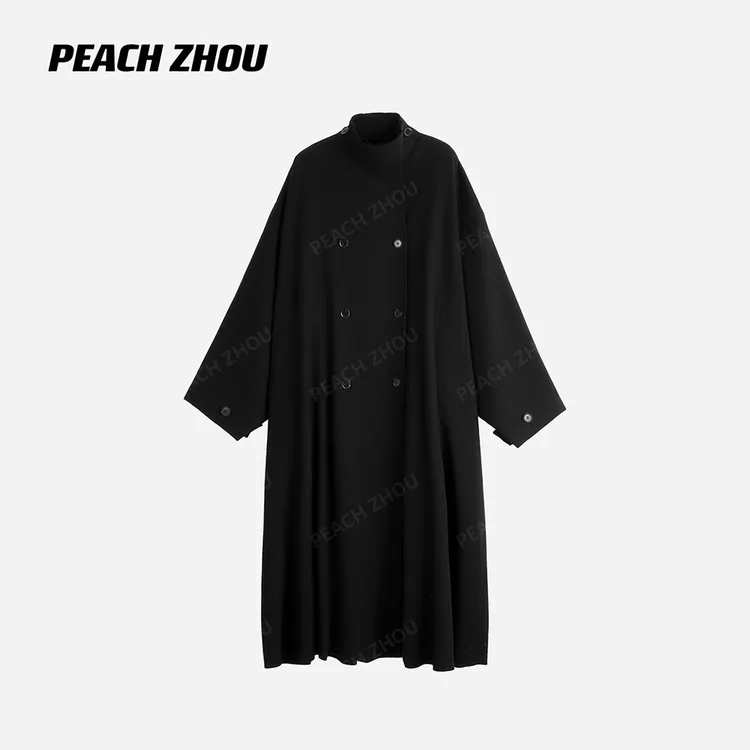 『PEACHZHOU』羊绒双排扣知性高级感宽松休闲长款立领毛呢大衣外套