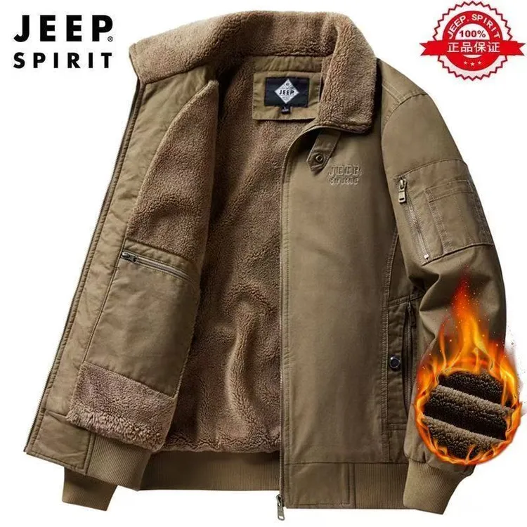 吉普爸爸男士加绒棉服外套冬季工装刺绣休闲抗寒羊羔绒外套少帅