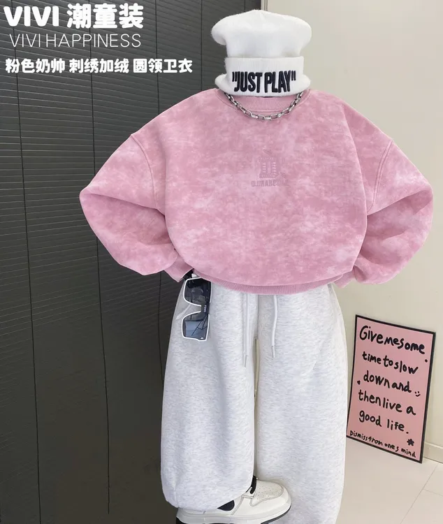 VIVI童装【男明星粉】秋冬款亲子装中大童刺绣粉色扎染圆领加绒卫衣