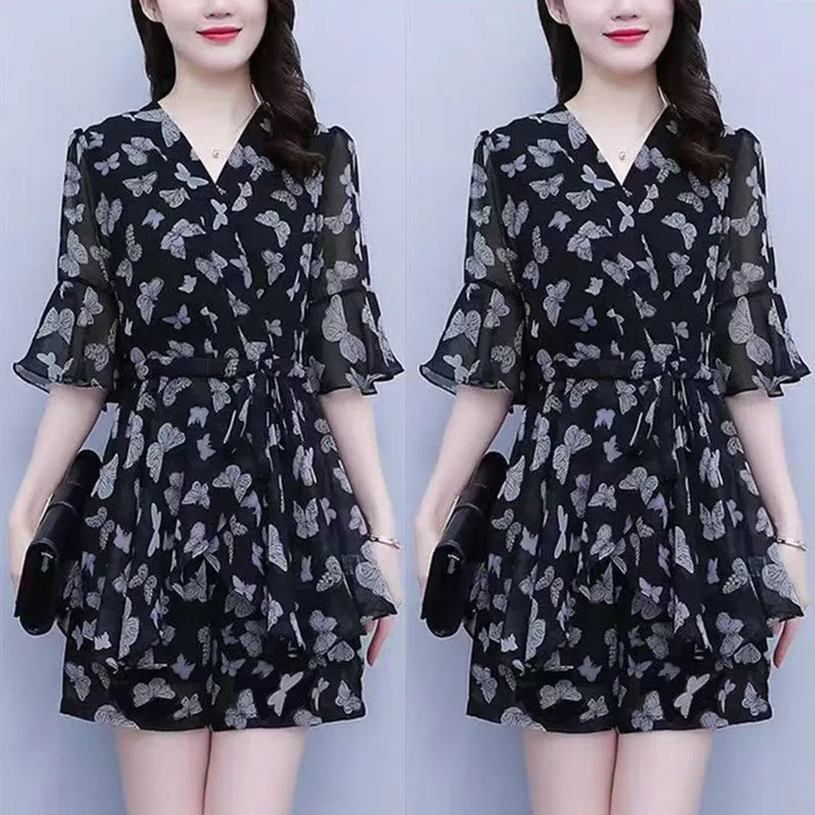 大码连衣裙套装女夏季2025新款遮肚子显瘦气质百搭雪纺短裤两件套