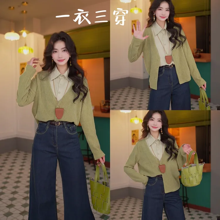 丁佳欣【绿竹林】港风复古假两件宽松显瘦长袖百搭衬衫JE0706093