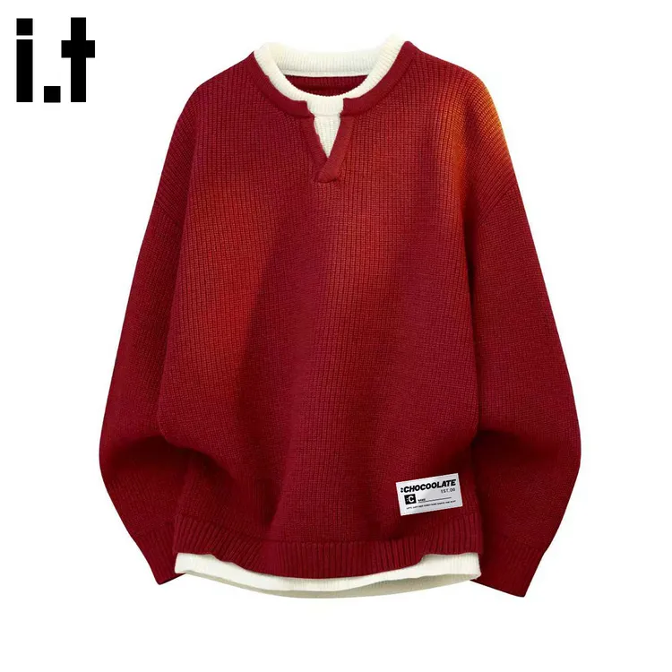 it: CHOCOOLATE红色假两件本命年毛衣男2025冬季宽松休闲针织衫男