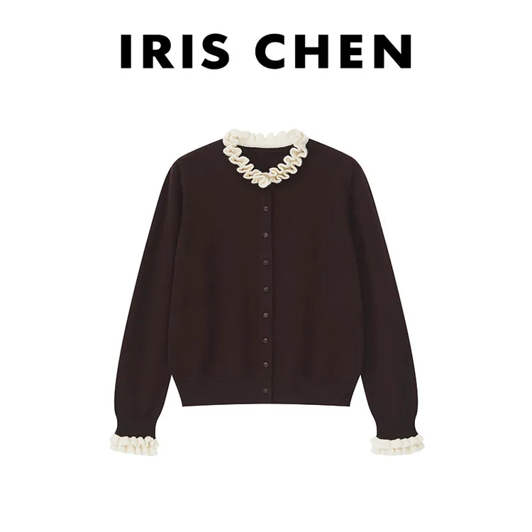 IRIS CHEN 玛奇朵 2025秋冬“100绵羊毛”花边领时尚针织衫25SY837