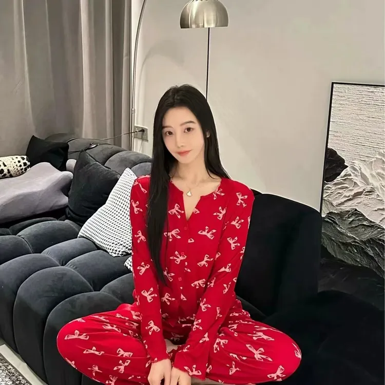 新年红新款女士春秋代尔棉薄款红色高级感洋气睡衣家居服