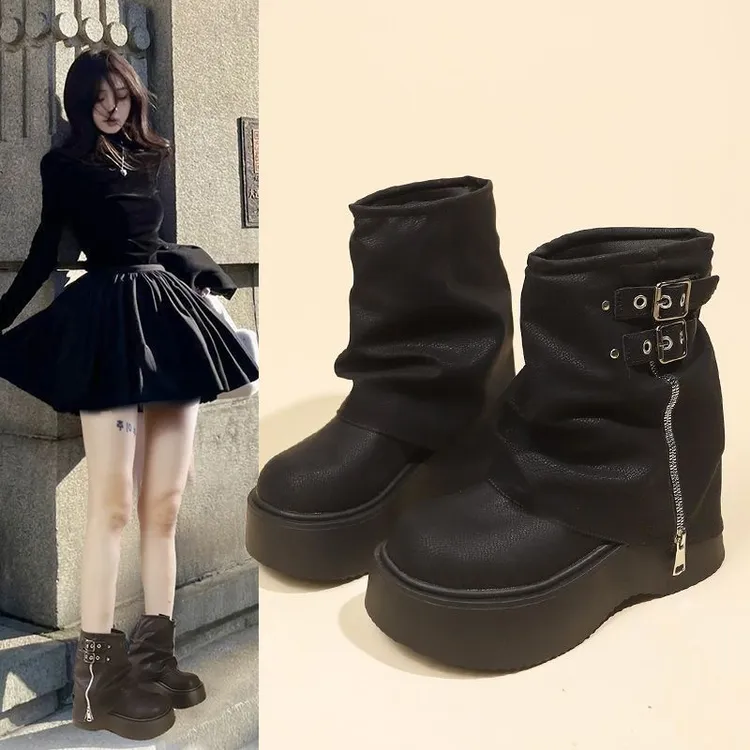 增高厚底松糕棕色马丁靴女秋新款单靴美拉德西部牛仔裤管堆堆短靴