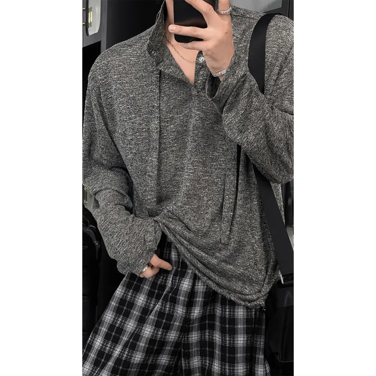 龙叨叨早秋新品小众设计感飘带薄款长袖T恤男休闲慵懒风针织上衣