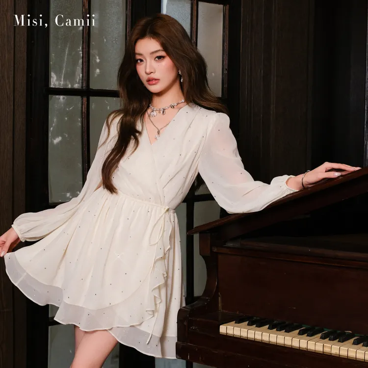 Misi,Camii2025夏季新款女装绑带烫钻乔其纱连衣裙时尚感减龄显瘦