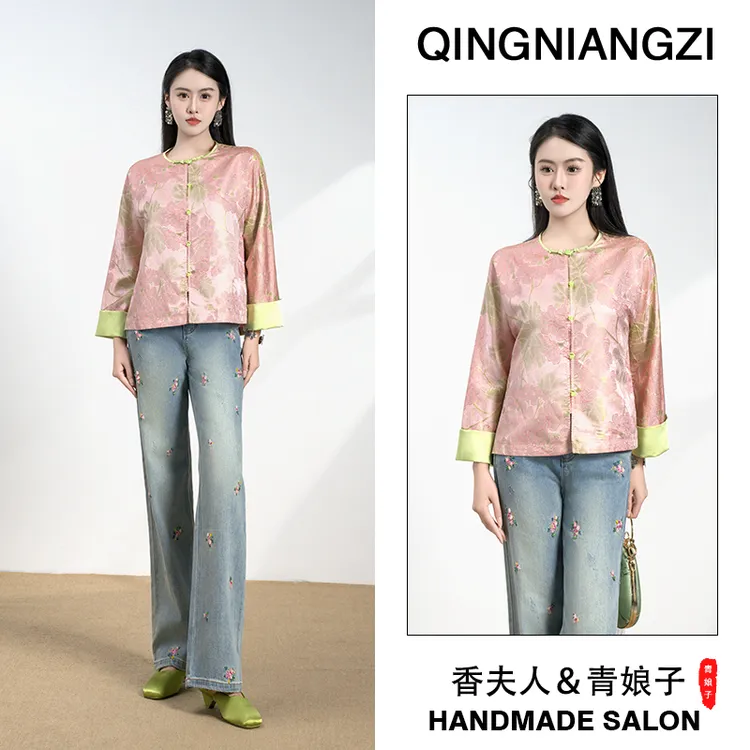 青娘子宋锦花萝（华衿）拼接夏年轻款时尚清新中式宽松上衣60703