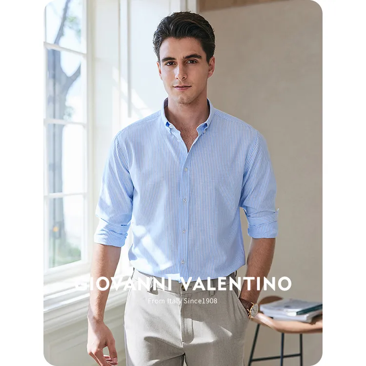 [抑菌]GIOVANNI VALENTINO春季男士蓝色条纹商务休闲衬衫长袖衬衣