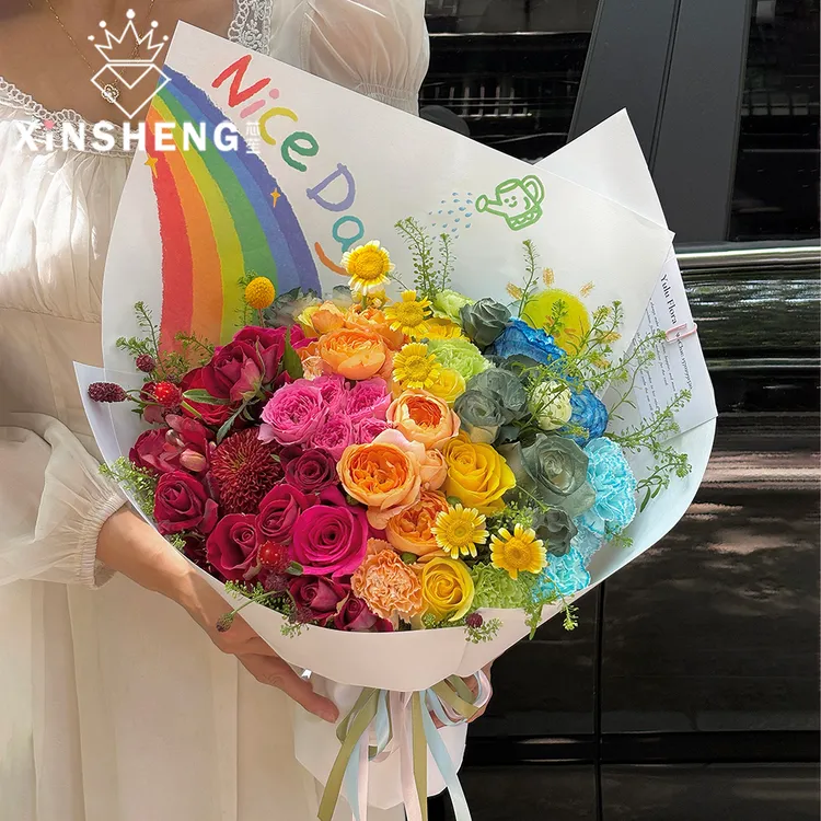 芯苼 原创彩虹噗噗 · 木棉纸 童趣插画鲜花束包花纸花店花艺资材