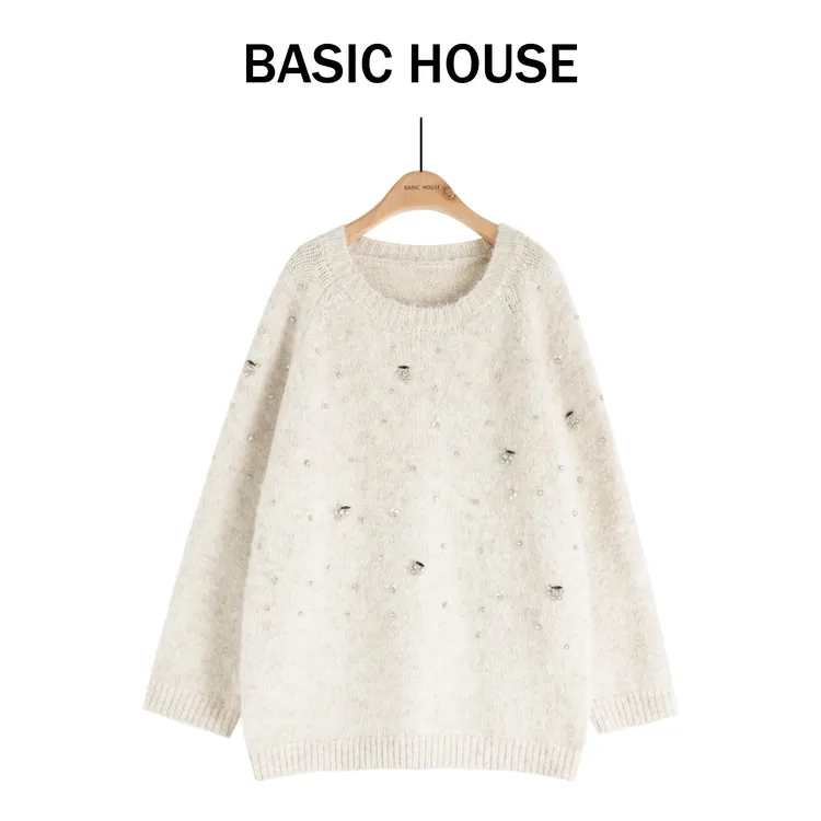 Basic House/百家好气质时尚轻奢镶钻软糯针织毛衣B1385B591Z2