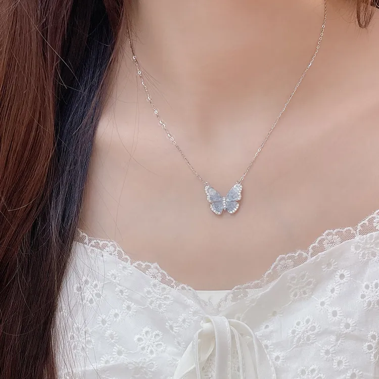 坠链均925银合成锆石 冰晶蝴蝶项链时尚甜美百搭锁骨链七夕送女友