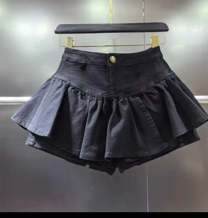 纯色高腰荷叶边短裙厚款半身裙秋季百褶裙时尚7089