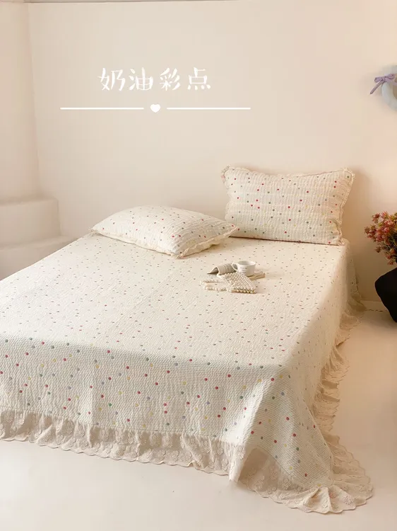 A类纯棉100％棉纱韩式床盖三件套简约小清新床罩高级花边四季通用