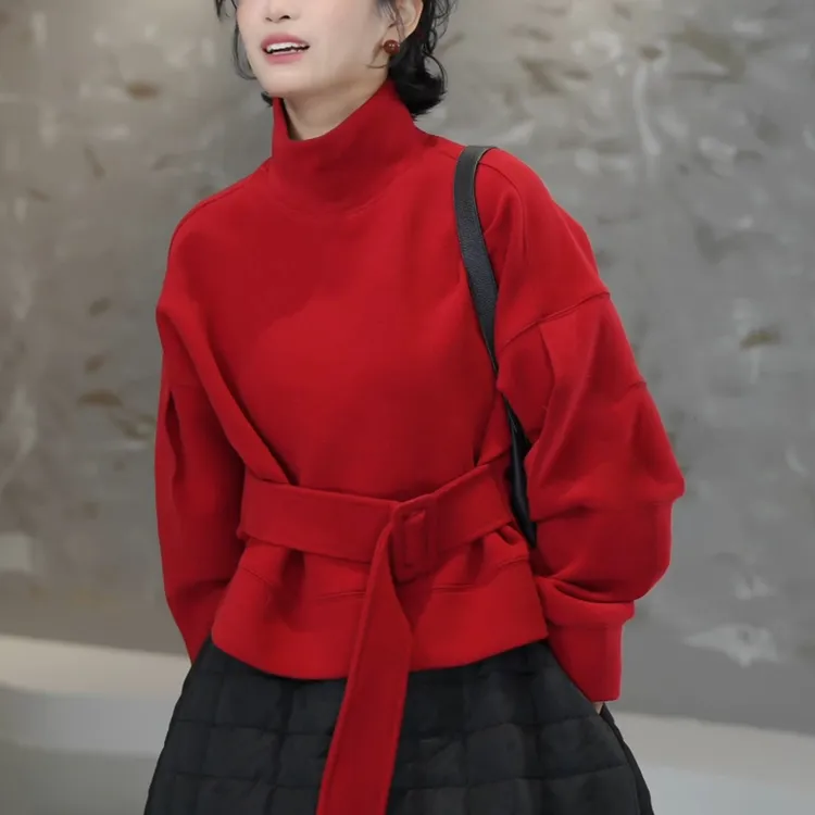 红色高领套头卫衣女秋冬新款时尚高级感宽松收腰显瘦系带内搭上衣