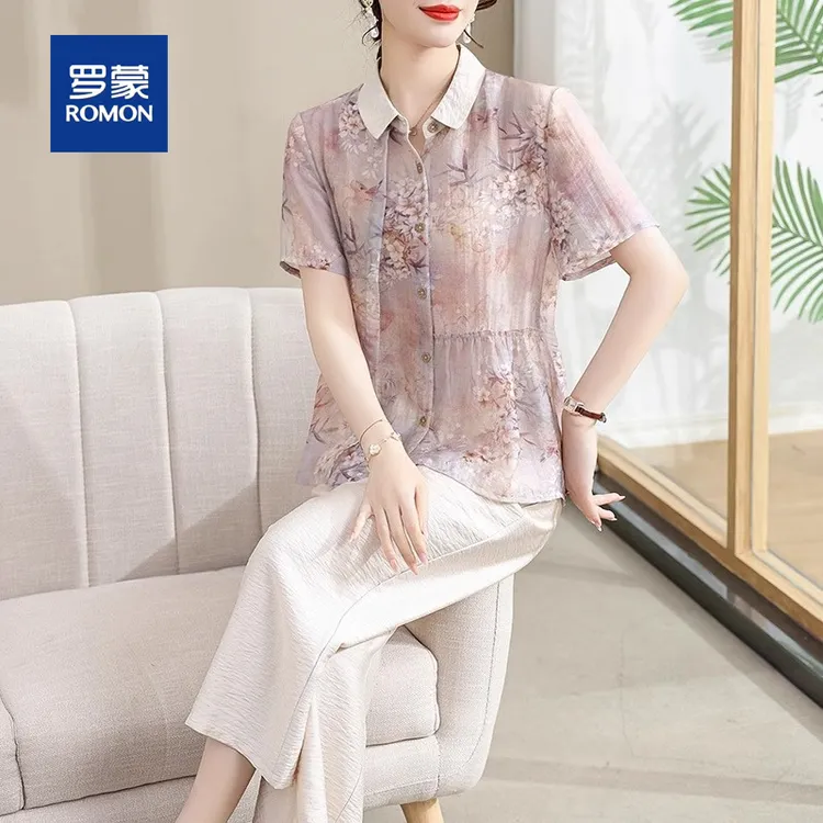 罗蒙妈妈夏装新款短袖T恤雪纺衬衫上衣洋气中老年女装夏季套装