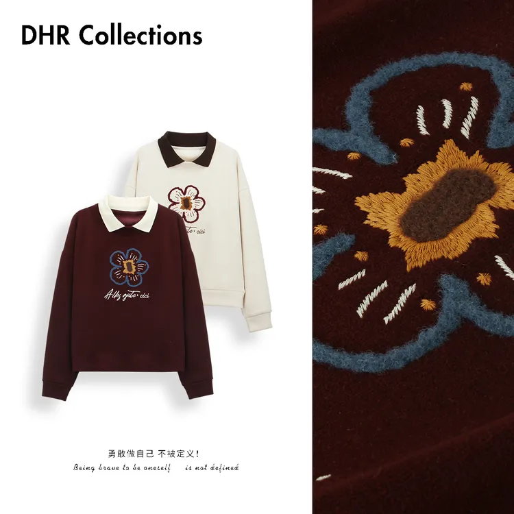 豆豆11【小花花】冬季加绒印花长袖翻领刺绣卫衣拼接上衣-2501125DM