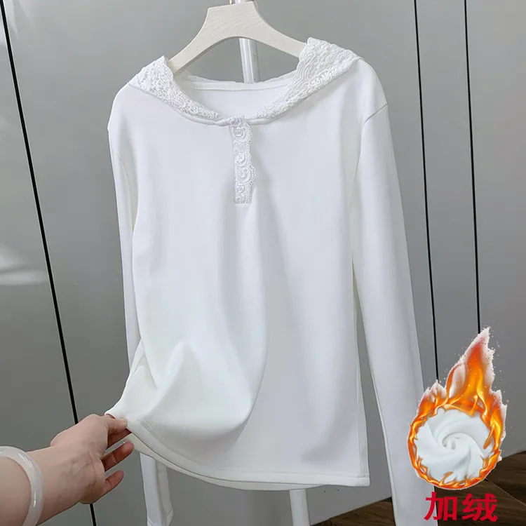 卡卡罗纹棉内搭打底长袖T恤春秋季连帽花边刺绣蕾丝短款显瘦上衣
