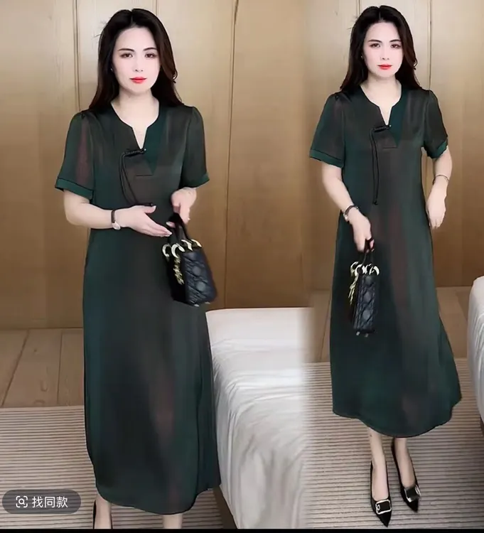 （绿色)中老年妈妈装夏季新款流苏连衣裙气质过膝遮肉大码中长裙