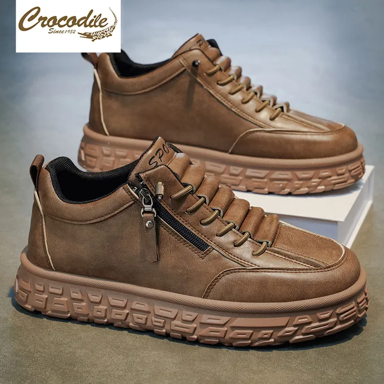鳄鱼恤男鞋2025年秋冬季新款休闲运动鞋男士一脚蹬皮面防泼水板鞋