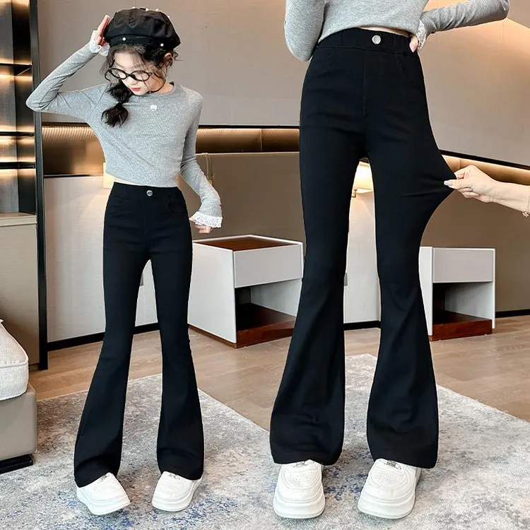 女童喇叭裤春秋款2025新款修身弹力黑色牛仔裤女大童春装儿童裤子
