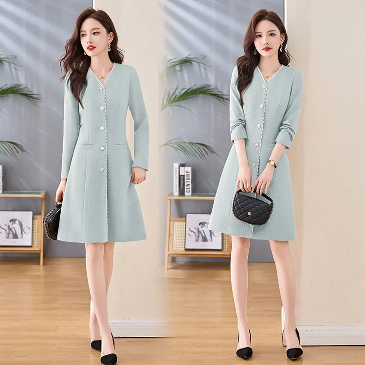 小香风长袖连衣裙女春秋修身显瘦气质小个子中长款2025年新款v领