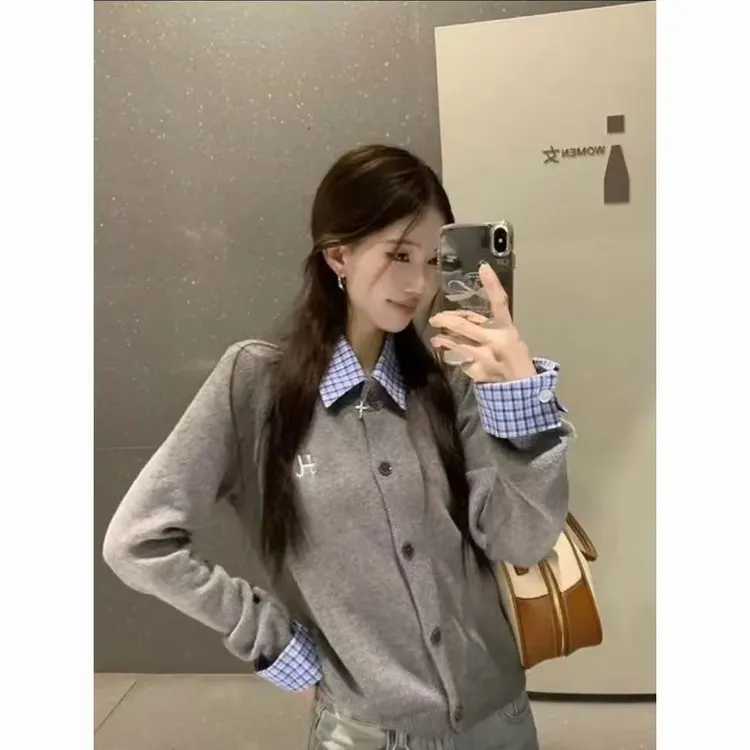 新款韩版2025年早秋修身假两件翻领衬衣拼接小刺绣毛衣开衫显瘦