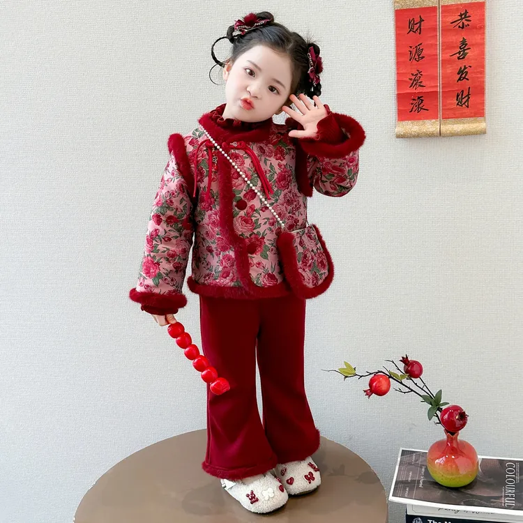 女厚款冬季唐装三岁女童国风套装小童喜庆宝宝套装
