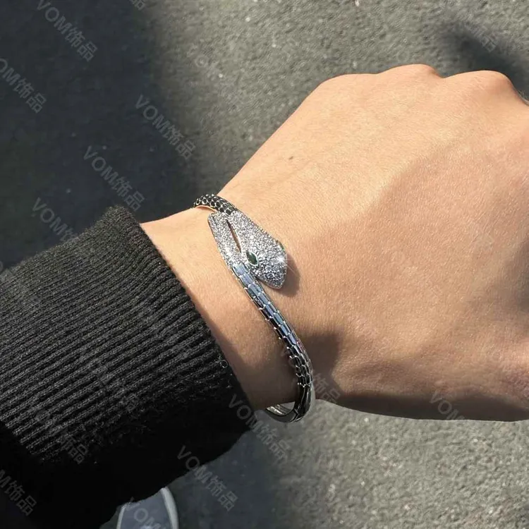 铜合金合成锆石手镯 灵蛇高级轻奢高级小众精致镶嵌银色素款手镯