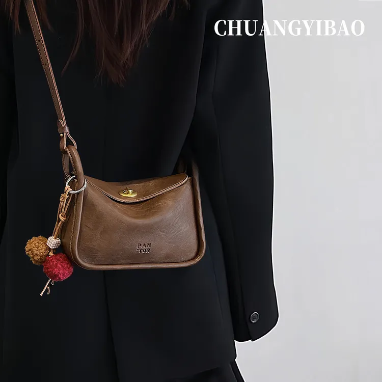 咖色超火手提马鞍包包女式2025新款秋冬轻奢小众高级感斜挎枕头包