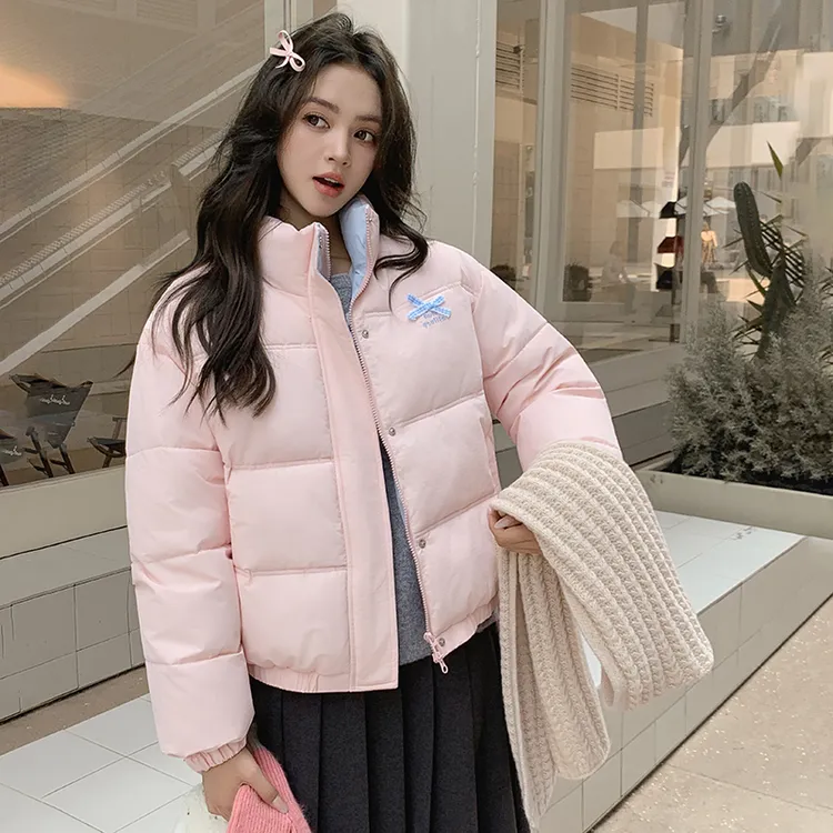 黄色棉服外套女秋冬季多巴胺百搭短款淑女绣花保暖立领蝴蝶结棉衣