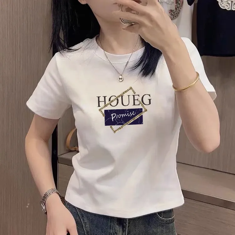 正肩白色短袖t恤女夏季胖mm大码体恤衫洋气时尚印花修身显瘦上衣