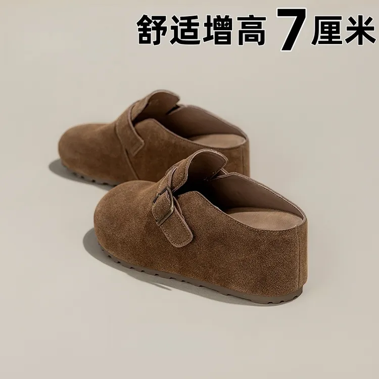 厚底增高7cm包头勃肯半拖鞋女2025新款皮带扣欧货百搭毛毛加绒