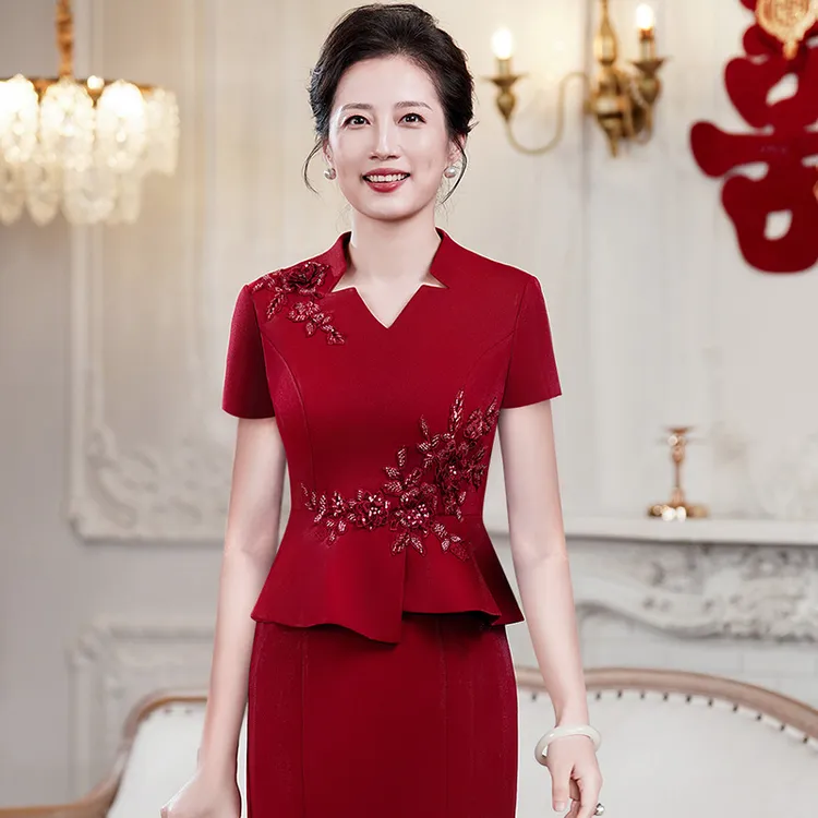 婚庆礼服红色妈妈装高端假两件套喜婆婆旗袍2025夏季短袖连衣裙