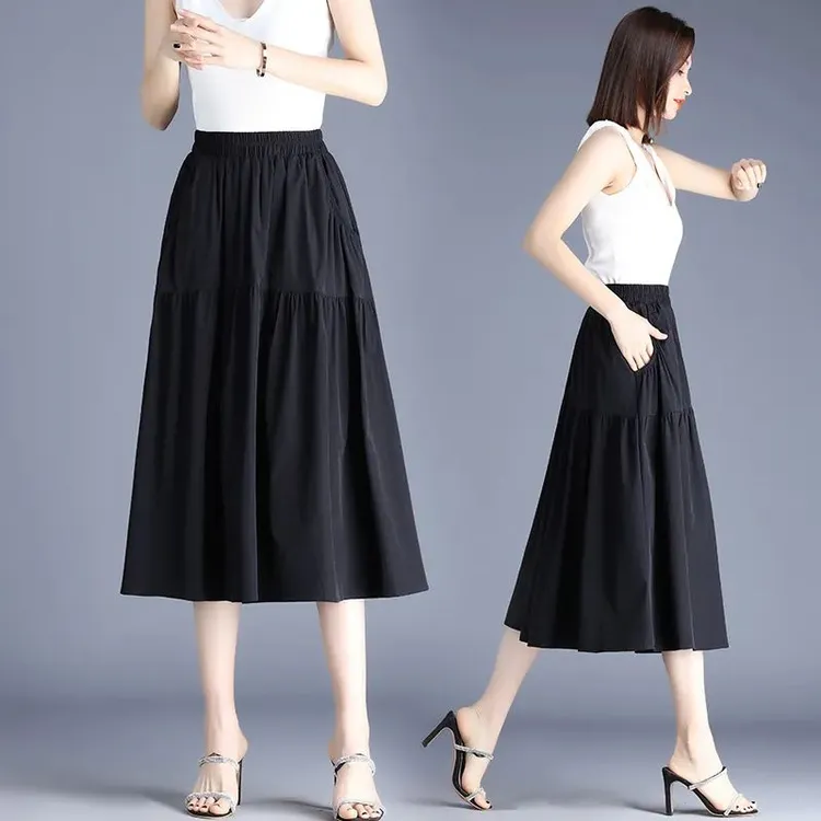 时尚口袋半身裙2025新款过膝半身裙子夏季显瘦黑色a字大摆裙休闲