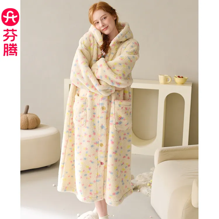 芬腾睡袍女款新款秋冬季加厚保暖珊瑚绒连帽可外穿睡衣浴袍家居服
