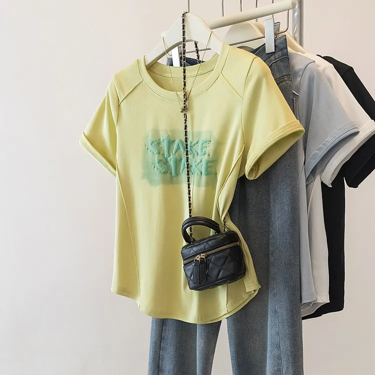 大码女装2025夏季新款休闲设计感字母印花显瘦短袖T恤上衣1995