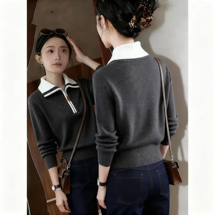 2025冬季新款今年流行爆款半拉链灰色百搭毛衣女翻领小个子打底衫