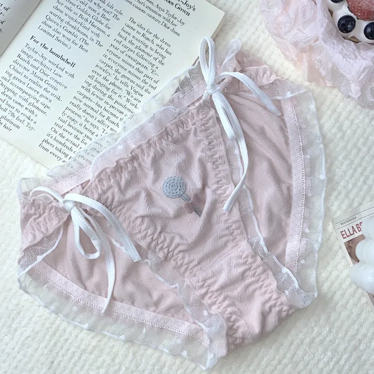 系带内裤纯棉女绑带爱心中腰提花甜美纯欲日系女生全棉裆三角裤